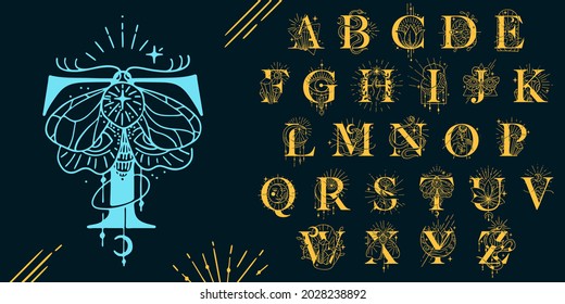 Alphabet in the astrological style. Hand drawn monogram for magic postcards, medieval style posters, esoteric advertise, luxury ornate T-shirts.