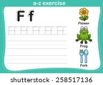 Alphabet a-z exercise with cartoon vocabulary illustration, vector