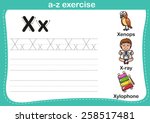 Alphabet a-z exercise with cartoon vocabulary illustration, vector