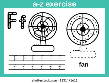 Alphabet a-z exercise with cartoon vocabulary for coloring book illustration, vector