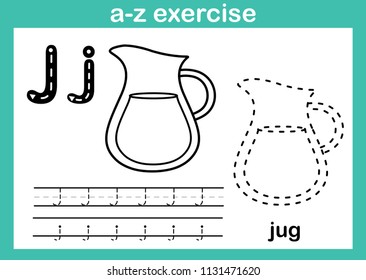 Alphabet a-z exercise with cartoon vocabulary for coloring book illustration, vector