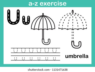 Alphabet a-z exercise with cartoon vocabulary for coloring book illustration, vector