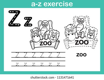 Alphabet a-z exercise with cartoon vocabulary for coloring book illustration, vector