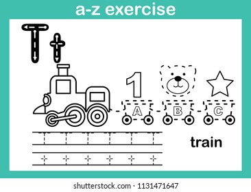 Alphabet a-z exercise with cartoon vocabulary for coloring book illustration, vector