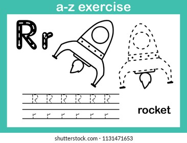 Alphabet a-z exercise with cartoon vocabulary for coloring book illustration, vector