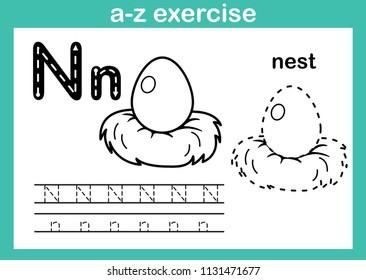 Alphabet a-z exercise with cartoon vocabulary for coloring book illustration, vector