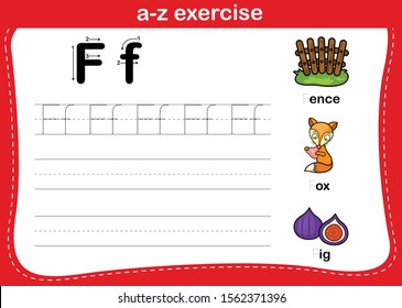 Alphabet a-z exercise with cartoon vocabulary illustration, vector