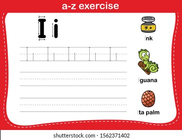 Alphabet a-z exercise with cartoon vocabulary illustration, vector
