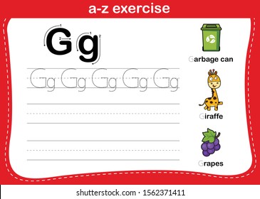 Alphabet a-z exercise with cartoon vocabulary illustration, vector
