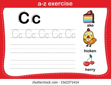 Alphabet a-z exercise with cartoon vocabulary illustration, vector