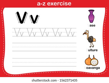 Alphabet a-z exercise with cartoon vocabulary illustration, vector