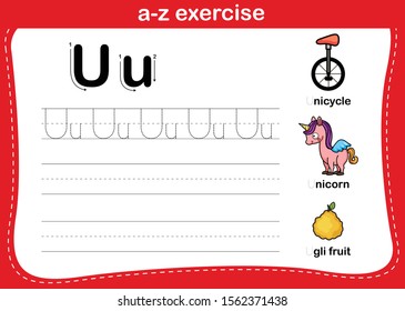 Alphabet a-z exercise with cartoon vocabulary illustration, vector