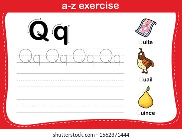 Alphabet a-z exercise with cartoon vocabulary illustration, vector