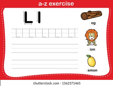 Alphabet a-z exercise with cartoon vocabulary illustration, vector