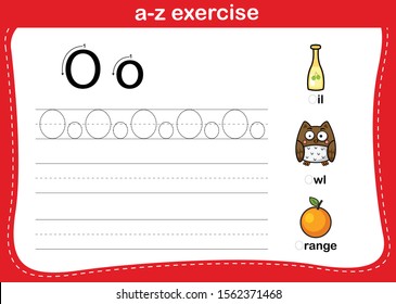 Alphabet a-z exercise with cartoon vocabulary illustration, vector