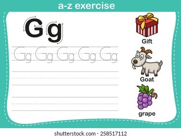 Alphabet a-z exercise with cartoon vocabulary illustration, vector