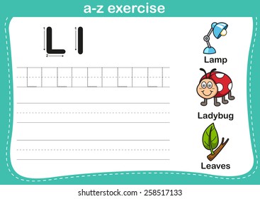 Alphabet a-z exercise with cartoon vocabulary illustration, vector