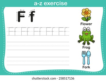 Alphabet a-z exercise with cartoon vocabulary illustration, vector