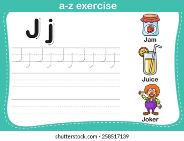 Alphabet a-z exercise with cartoon vocabulary illustration, vector