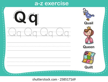 Alphabet a-z exercise with cartoon vocabulary illustration, vector