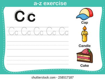 Alphabet a-z exercise with cartoon vocabulary illustration, vector svg