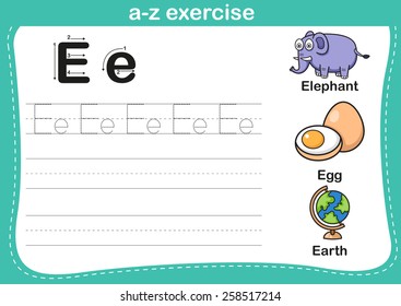 Alphabet a-z exercise with cartoon vocabulary illustration, vector