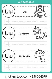 Alphabet a-z exercise with cartoon vocabulary for coloring book illustration, vector