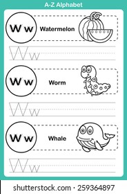 Alphabet a-z exercise with cartoon vocabulary for coloring book illustration, vector