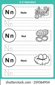 Alphabet a-z exercise with cartoon vocabulary for coloring book illustration, vector
