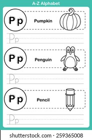 Alphabet a-z exercise with cartoon vocabulary for coloring book illustration, vector
