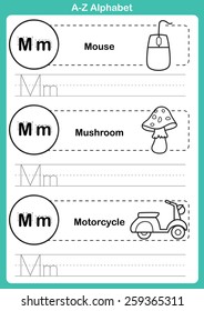 Alphabet a-z exercise with cartoon vocabulary for coloring book illustration, vector