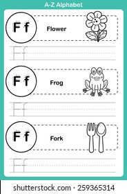 Alphabet a-z exercise with cartoon vocabulary for coloring book illustration, vector