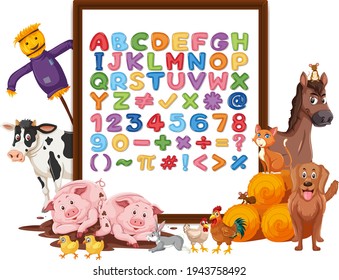 Alphabet A-Z and math symbols on a board with farm animals illustration