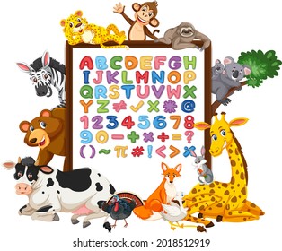 Alphabet A-Z and math symbols on a board with wild animals illustration