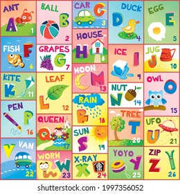 Alphabet A-Z and number 1-26 with play learn board game for kids and children education.