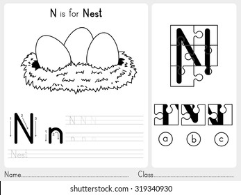 Alphabet A-Z Tracing and puzzle Worksheet,  Exercises for kids - Coloring book - illustration and vector outline