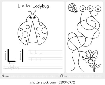 Alphabet A-Z Tracing and puzzle Worksheet,  Exercises for kids - Coloring book - illustration and vector outline
