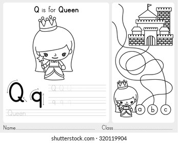 Alphabet A-Z Tracing and puzzle Worksheet,  Exercises for kids - Coloring book - illustration and vector outline