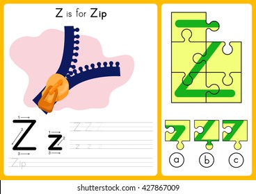 Alphabet A-Z Tracing and puzzle Worksheet,  Exercises for kids - illustration and vector - A4 paper ready to print
