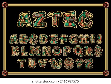 Alphabet in Aztec, Mayan or Inca style. With symbols of Native Americans with the faces of a warrior, a conqueror, a leopard skull. Suitable for graffiti, logos. Vector text on dark background