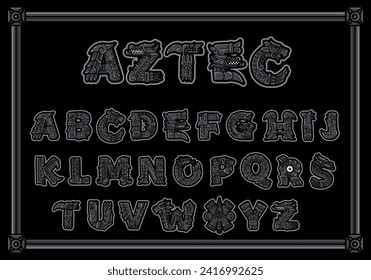 Alphabet in Aztec, Mayan or Inca style. With symbols of Native Americans with the faces of a warrior, a conqueror, a leopard skull. Vector on a dark background in stone style