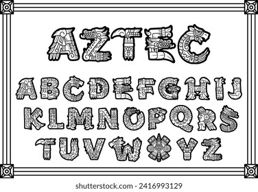 Alphabet in Aztec, Mayan or Inca style. With Native American symbols with the faces of a warrior, a conqueror, a leopard skull