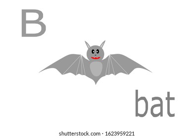 Alphabet ''B'' with bat cartoon for children or kids for learning basic english letters on white background.