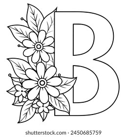 Alphabet B coloring page with the flower, B letter digital outline floral coloring page, ABC coloring page