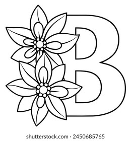 Alphabet B coloring page with the flower, B letter digital outline floral coloring page, ABC coloring page