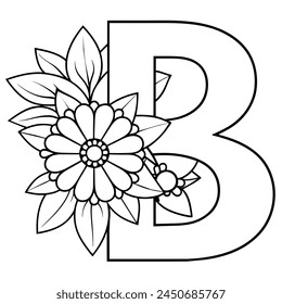 Alphabet B coloring page with the flower, B letter digital outline floral coloring page, ABC coloring page