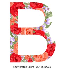 Alfabeto B con ramo de flores. Iniciales letras con elementos botánicos. Diseño de letras florales. Flores dibujadas a mano para la composición de la tarjeta