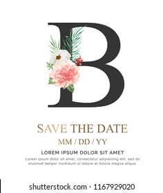 Alphabet B flower font made of paint floral and leaf watercolor on paper. Vector Hand Drawn letter B paint luxury design. Sweet collection for wedding invites decoration card and other concept ideas.