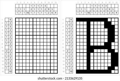 Alphabet B Nonogram Pixel Art, Character B, Language Letter Graphemes Symbol Vector Art Illustration, Logic Puzzle Game Griddlers, Pic-A-Pix, Picture Paint By Numbers, Picross
