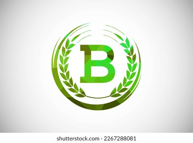 Alphabet B sign with a wheat wreath. Polygonal low poly organic wheat farming logo concept. Agriculture logo design vector template.